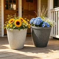 Pot de jardinage extérieur grand format 13,7 pouces, écologique, en plastique durable gris, pour plantes et arbres, finition texturée à rayures verticales