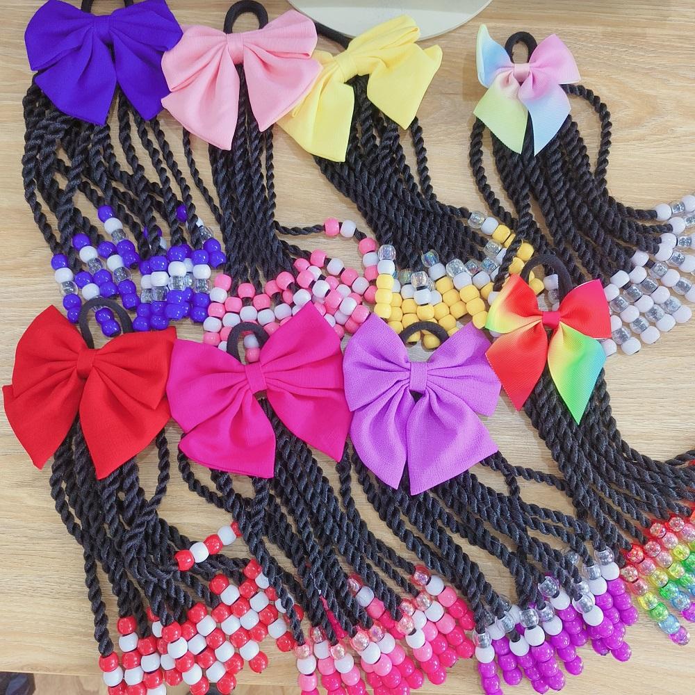 12 Strands/pc Synthetic Hair Braid Twist Hair Kid Ponytail with Bowknot with Colorful Beads for Kids Party Hair Accessories