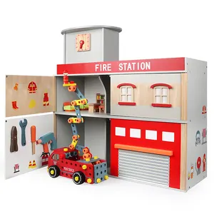 儿童游戏屋仿真学前木制玩具消防站木制消防车娃娃屋玩具