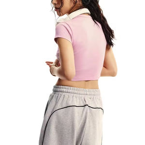 T-shirt de sport de yoga à manches courtes pour femme, couleur unie, logo personnalisé, coupe ajustée de haute qualité, t-shirts courts lavés, style Spice Girl - Product Image 4