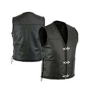 Gilet de motard en cuir véritable respirant pour homme, col en V, couleur unie, avec poches et fermeture latérale à lacets, vêtement d'extérieur d'hiver - Product Image 1