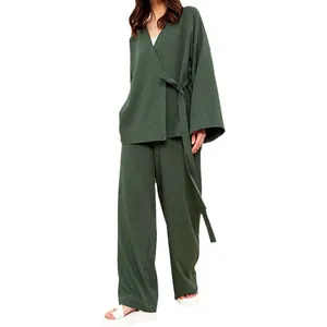 2024 Пижама на заказ Пара халат набор 100 Бамбук Хлопок, тканевая Пижама для западных женщин/
