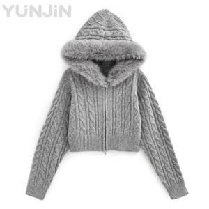 Nuovissimo Design Classico <span class=keywords><strong>Cardigan</strong></span> Invernale con Cappuccio Bordato in Vera Pelliccia di Volpe Maglia Slim Sexy a Maniche Lunghe Stile Y2K con <span class=keywords><strong>Zip</strong></span> - Product Image 1