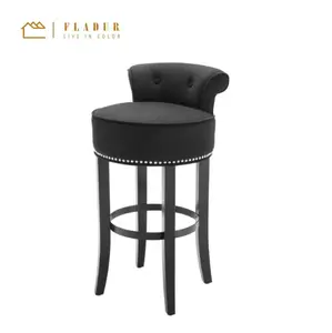 Round Velvet Barstool Counter Stool Black Lacquered Wooden Leg Lounge Dining Chair Living Room Restaurant Bedroom Dressing Chair