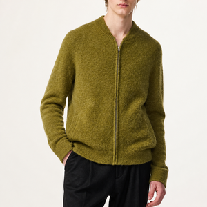Cardigan long tricoté pour <span class=keywords><strong>homme</strong></span> vert olive, en <span class=keywords><strong>maille</strong></span> brossée duveteuse, veste bomber zippée intégrale, fournisseur de pulls cardigan avec logo personnalisé - Product Image 1