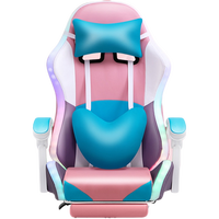 Chaise de jeu LED avec bande lumineuse RGB rose et bleue, style racing, ergonomique, inclinable, avec repose-pieds, appui-tête, support lombaire et base pivotante