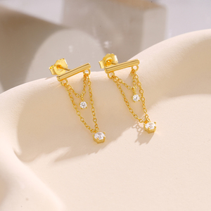 18K Gold Plated 925 Sterling Silver Zircon Double Layered Tassel Length <b>Chain</b> Diamond Ear <b>Stud</b> Womens <b>Earrings</b> - Product Image 5