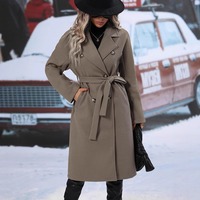 Manteau sur mesure OEM ODM pour femme grande taille, à revers cranté, manches longues, ceinturé, double boutonnage, couleur unie, mi-long, pour l'hiver