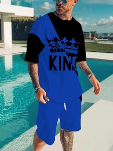 Ensemble décontracté deux pièces à manches courtes respirant pour homme, <span class=keywords><strong>tenue</strong></span> d'été, imprimé numérique, épissure bicolore, motif 'King', col en V, satin - Product Image 4