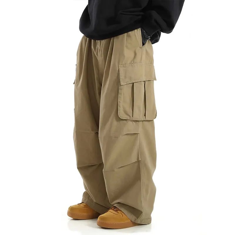 Hoge Kwaliteit Custom Mode Mannen Trekkoord Taille Zakken Kant Losse Rechte Cargo Broek Baggy Joggingbroek