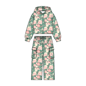 Ensemble sweat à capuche gris à fleurs pour petites filles, sweat à capuche imprimé fleurs bleu poussière + pantalon cargo, vêtements décontractés d'automne pour enfants - Product Image 5