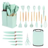 Vente en gros d'ustensiles de cuisine en silicone antiadhésif ensemble d'ustensiles de 19 pièces spatule à soupe en bois support de cuillère cuisson seau de cuisson usage domestique