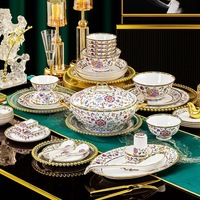 Service de Table de Luxe Fleurs Émaillées Porcelaine Blanche Bord Doré Assiettes Plates Bols à Soupe pour Cadeaux de Mariage