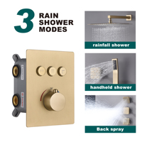 Ensemble de douche d'appoint en cuivre double thermostatique encastré Corps en laiton poli Douche de pluie carrée Pomme de douche latérale