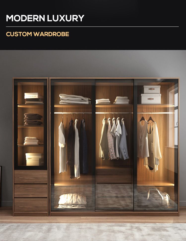 China Glass Sliding 3 Door MDF Solid Wood Wardrobe Bedroom Furniture with Mirror and Drawers Closet