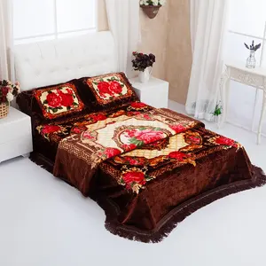 HBK 100% Polyester Korean Style Flower Design Embossed 3pcs/4pcs Raschel Wedding Bed Cover Set Manufacturer