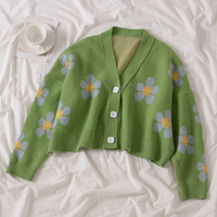 Manteau en tricot élégant de style académique à fleurs, col en V, pull cardigan pour le printemps et l'automne avec fermeture à simple boutonnage