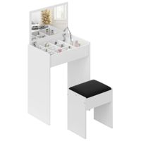Coiffeuse blanche moderne avec miroir et tabouret, bureau de maquillage éclairé pour appartement et chambre