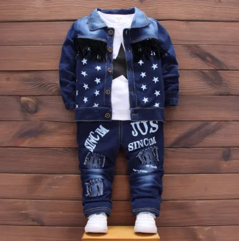 Bán Buôn Thời Trang Mới Giản Dị Chàng Trai 3 Mảnh Quần Áo Thiết Lập Dài Tay Áo Sao Áo Sơ Mi + Denim Áo Khoác + Quần Jean Quần Cho Trẻ Em