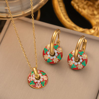 Nouvel Ensemble de Bijoux Haut de Gamme en Acier Inoxydable Collier et Boucles d'Oreilles Motif Végétal Coloré à l'Huile, Vente en Gros pour Femmes