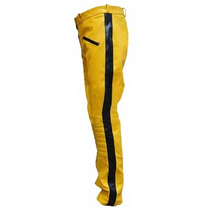 <b>Men</b> Yellow <b>Leather</b> Moto Biker <b>Pants</b> with Black Side Stripe Mid Waist Zipper Fly Straight Fit Winter Casual Wear Midweight - Product Image 3