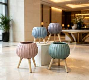 Modern Resin Flower Pots with Wood Legs Glazed Minimalist Indoor Planters for Green Plants Set of 4 - Product Image 2