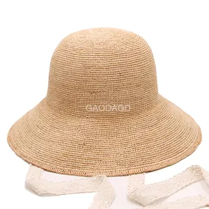 K Classic Raffia Straw Hand Crochet White Ribbon Foldable Bucket Hats For Summer