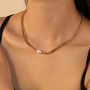Collar de Perlas de Agua Dulce Geométricas Personalizables, Joyería con Cadena Cubana de Acero Inoxidable Chapada en Oro de 18K PVD para Mujer - Product Image 3