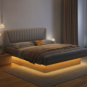 Schwebendes Bettgestell aus Sheesham-Holz mit Lattenrost, schwarzes Plattformbett mit gepolstertem Lederkopfteil und Stauraum - Product Image 3