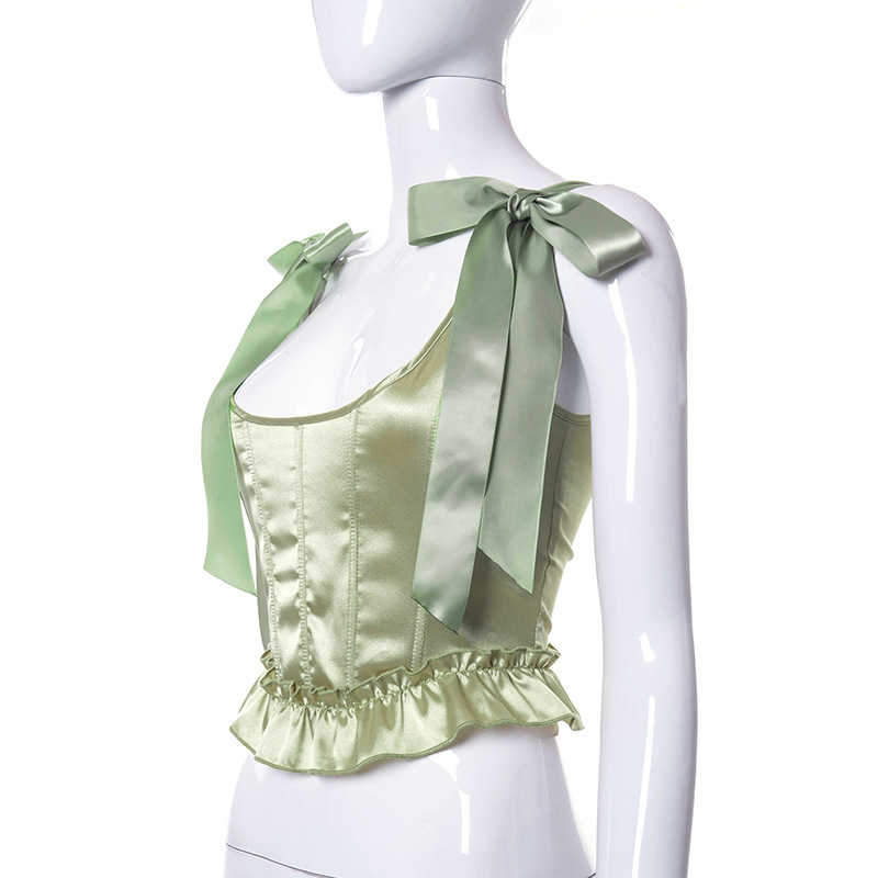 Women's Frill Smocked Crop Tank Top Bandage Bustier Corset Tie Shoulder Strap Lace-Up Corset Tops