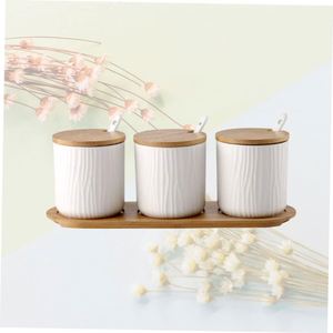 Square Coffee Tea Sugar Ceramic Canisters 3 PCS/Set with Bamboo Lid and Stand Dishwasher Safe Eco-Friendly - Product Image 4