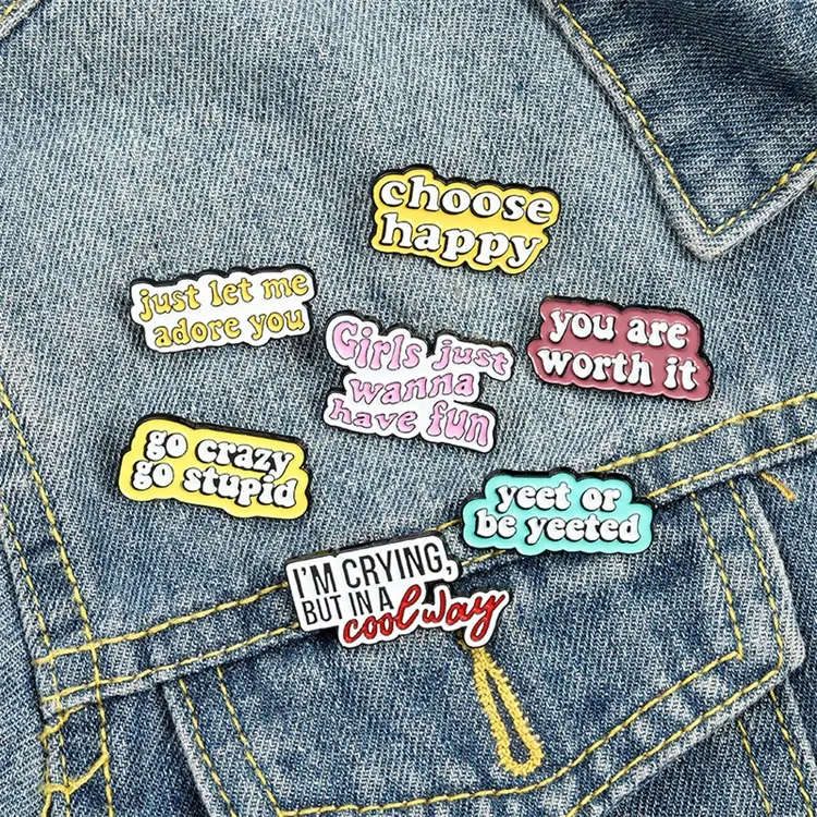 Custom Enamel Pins Letter Brooches Fashion Jewelry Funny Sayings Men Women Shirt Jumper Accessories Pink Clothes Enamel Badge