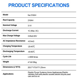 Nueva Batería de Iones de Sodio Prismática de 3V 3.1V 210Ah con 5 Años de Garantía y 8000 Ciclos de Vida Útil - Product Image 5