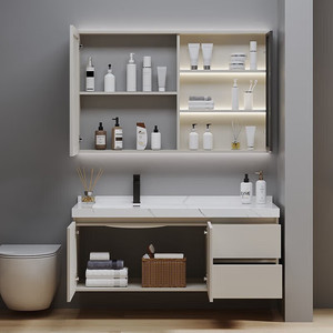 Mueble de baño moderno y sencillo de madera maciza con lavabo de cerámica de pizarra sin juntas, mueble de baño inteligente, lavabo. - Product Image 6