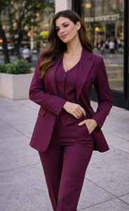 Women’s Burgundy Wine Pantsuit Elegant Three Piece Tailored Blazer Vest and Trousers <b>Set</b> Formal <b>Office</b> Wear Business Outfit - Product Image 3