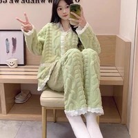 Nouvel ensemble de pyjama d'hiver en polaire avec cardigan en dentelle, chaud et décontracté pour femme, col en V, grandes poches, vêtements d'intérieur doux et épais