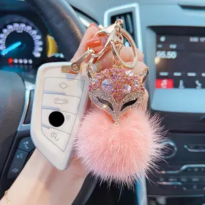 Thỏ lông Fluffy Pom Pom Keychain thời trang pha lê Fox đầu kim loại móc chìa khóa lấp lánh Rhinestone Túi ba lô quyến rũ xe Keychain