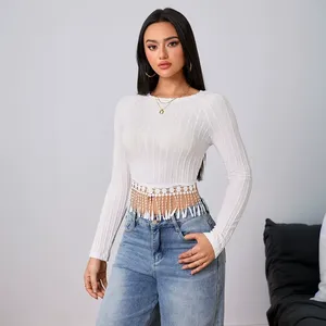 T-shirt slim fit da donna <span class=keywords><strong>con</strong></span> design a <span class=keywords><strong>frange</strong></span> in bianco per abbigliamento casual primavera estate, vendita all'ingrosso private label - Product Image 4