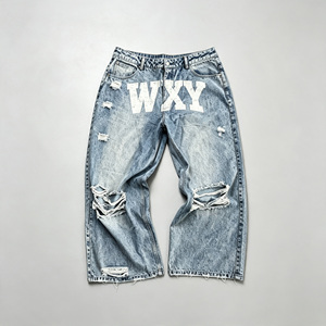 Vaqueros Anchos con Logotipo Personalizado, Lavado Ácido, Efecto Desgastado, Estampado Vintage, Pierna Ancha, Dobladillo Deshilachado, Estilo Y2K, Pantalones de Mezclilla Streetwear - Product Image 2