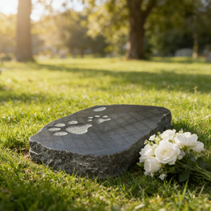 Pierre tombale moderne en granit américain avec motif de trace de pas noir, finition polie et sablée - Product Image 1