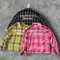 Chemises à carreaux personnalisées avec logo brodé, pierres précieuses, rivets, boutons, tissu en coton à carreaux, chemise en flanelle à manches longues pour hommes