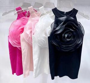 Nouveauté été 2024, tricot sexy, débardeur court femme, noir et <span class=keywords><strong>blanc</strong></span>, fleur 3D, débardeur en tricot sans manches sexy, coupe ajustée, débardeur à bretelles - Product Image 4