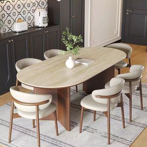 Mesa de Comedor Moderna de Madera de Nogal con Base Ovalada de Travertino, Juego de Mesa de Comedor con 8 Sillas para Restaurante, Hogar, Cena - Product Image 6