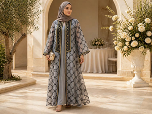 Ensemble Abaya ouverte deux pièces en polyester avec broderie et perles, vêtements islamiques pour mariage, Aïd et <span class=keywords><strong>occasions</strong></span> formelles - Product Image 3