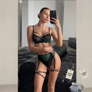 Ensemble de lingerie élégante et sexy pour femmes, vert, en maille transparente, soutien-gorge et culotte, spécial Saint-Valentin - Product Image 1