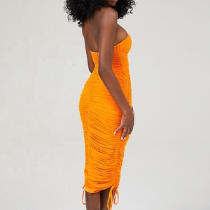 Weixin-ropa profesional personalizada para mujer, vestido Midi de señora de club nocturno, sin tirantes, color naranja, fruncido, para verano - Product Image 4