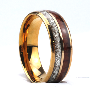 Poya — anneau en tungstène plaqué or de 8mm avec <span class=keywords><strong>bois</strong></span> Koa, incrustation de météorite imitée - Product Image 1