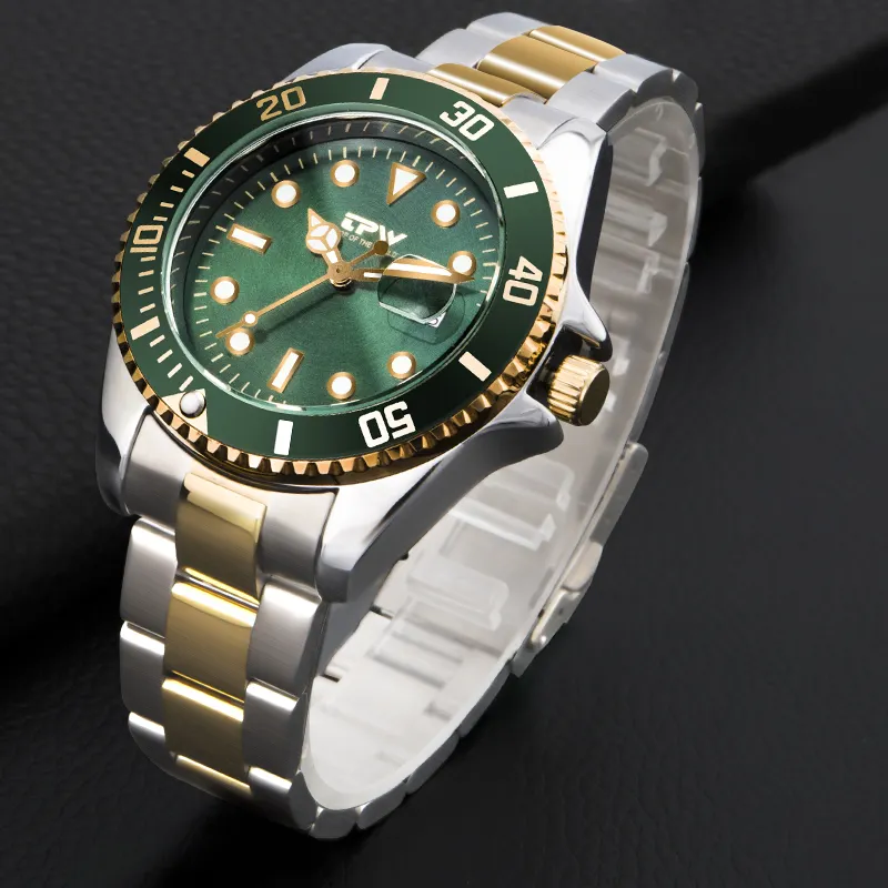 นาฬิกาข้อมือสำหรับผู้ชาย,นาฬิกาข้อมือแสดงวันที่อัตโนมัติสายสเตนเลสสีทองหรูหราโลโก้แบบกำหนดเอง