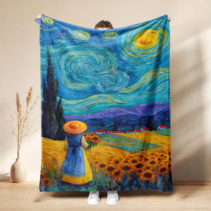 Couverture en flanelle motif tournesols et nuit étoilée, couverture de sieste, lavable en machine, résistante à la décoloration, pour la chaleur hivernale, impression personnalisée - Product Image 3