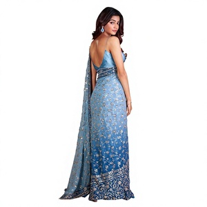 Blue Designer Heavy Fox Georgette <b>Saree</b> With Pedding Print Work For Women Indian Traditional Bridal Wedding Wear Ethnic Wear - Product Image 1